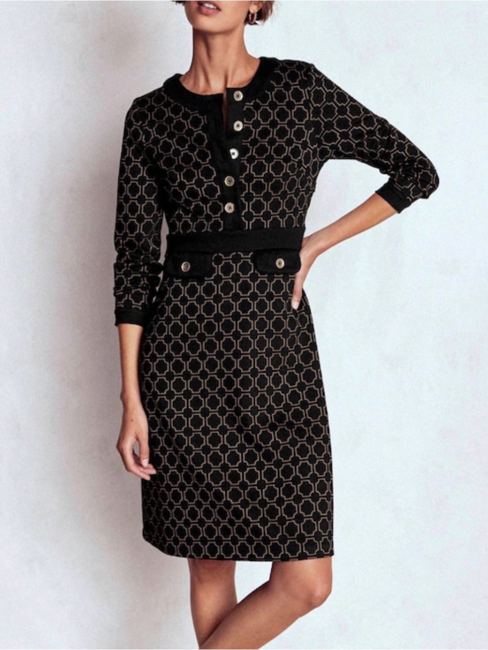 Boden Black Lavinia Button Ottoman Sweater Knitted Dress